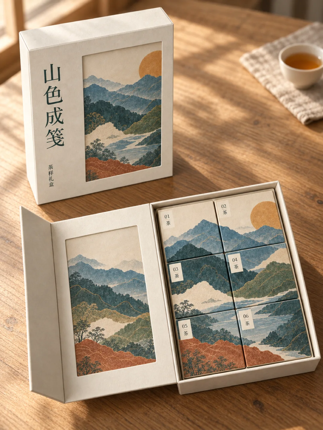 Shanse Chengjian tea gift packaging concept by ziyuer, showing the outer box and six compartments